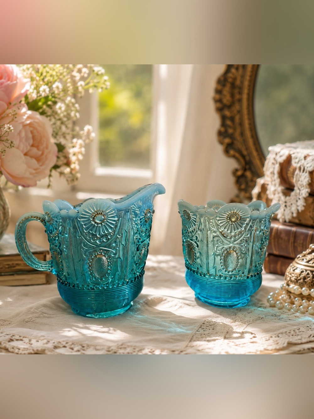 Northwood Antique Blue Opalescent Jewel And Flower Spooner & Creamer 1900’s